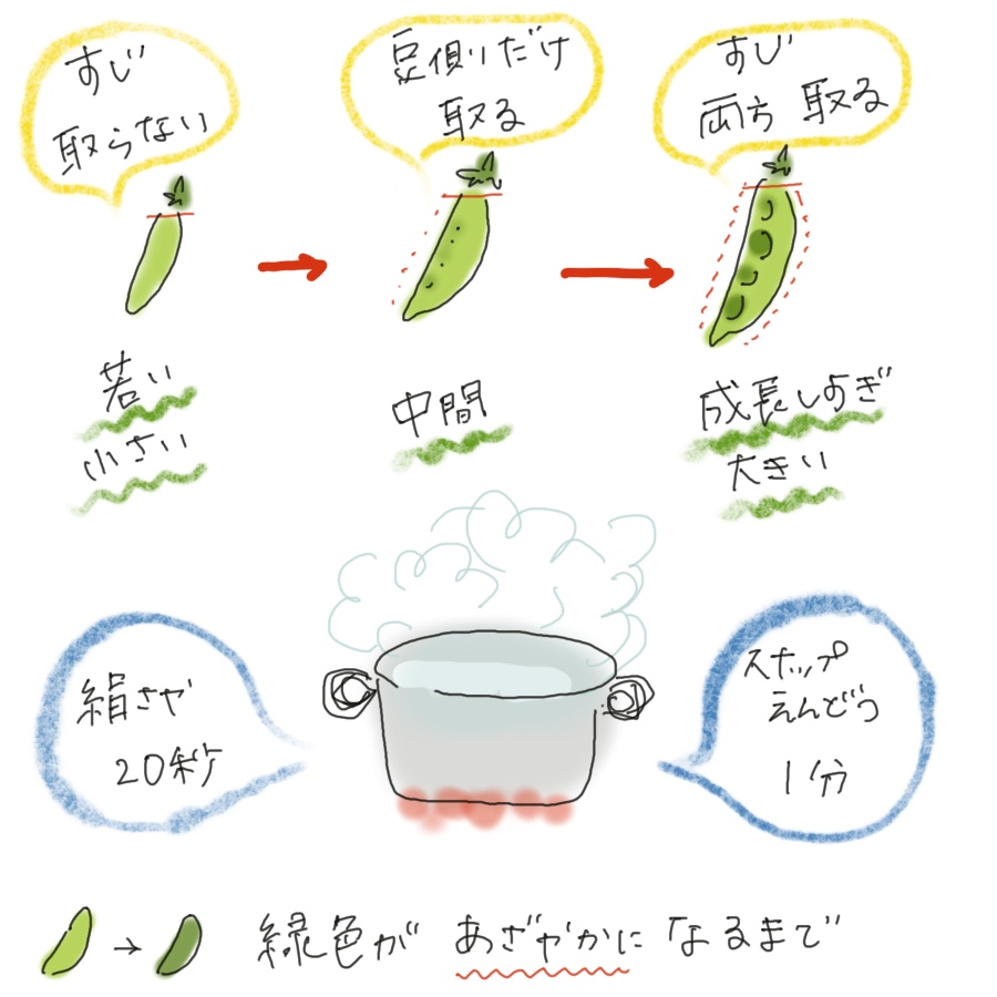 An illustrated guide showing how to prepare and boil snow peas and snap peas. Snow peas are classified by size for different string removal methods, while snap peas require both strings removed and a 1-minute boil.