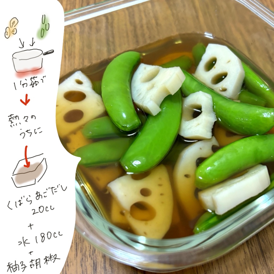 Snap peas and lotus root marinated in a yuzu pepper sauce, served in a glass container.