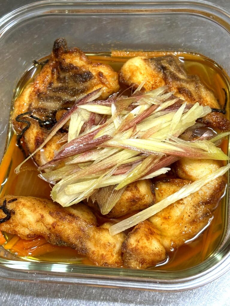 Nanban-style marinated red snapper using leftover pickling liquid, topped with myoga