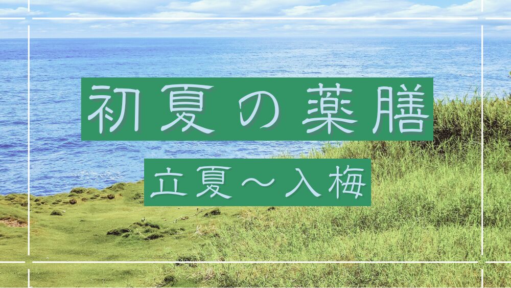 Eye-catching image with blue ocean and green grass field, featuring the text “Early Summer Dietary Therapy: Beginning of Summer to Rainy Season Start”