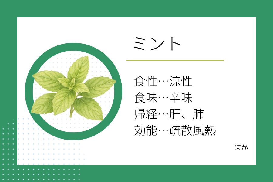 An illustration summarizing the medicinal properties of “Early Summer Dietary Therapy: Mint” showing a mint image along with its nature, flavor, meridian tropism, and functions.
