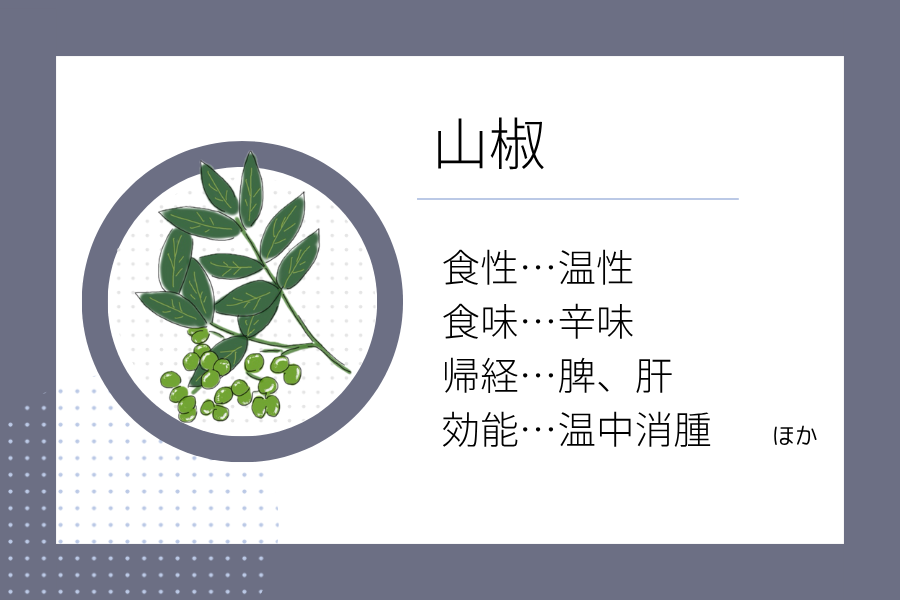 An illustration summarizing the medicinal properties of “Rainy Season Dietary Therapy: Sansho” showing a sansho image along with its nature, flavor, meridian tropism, and functions.