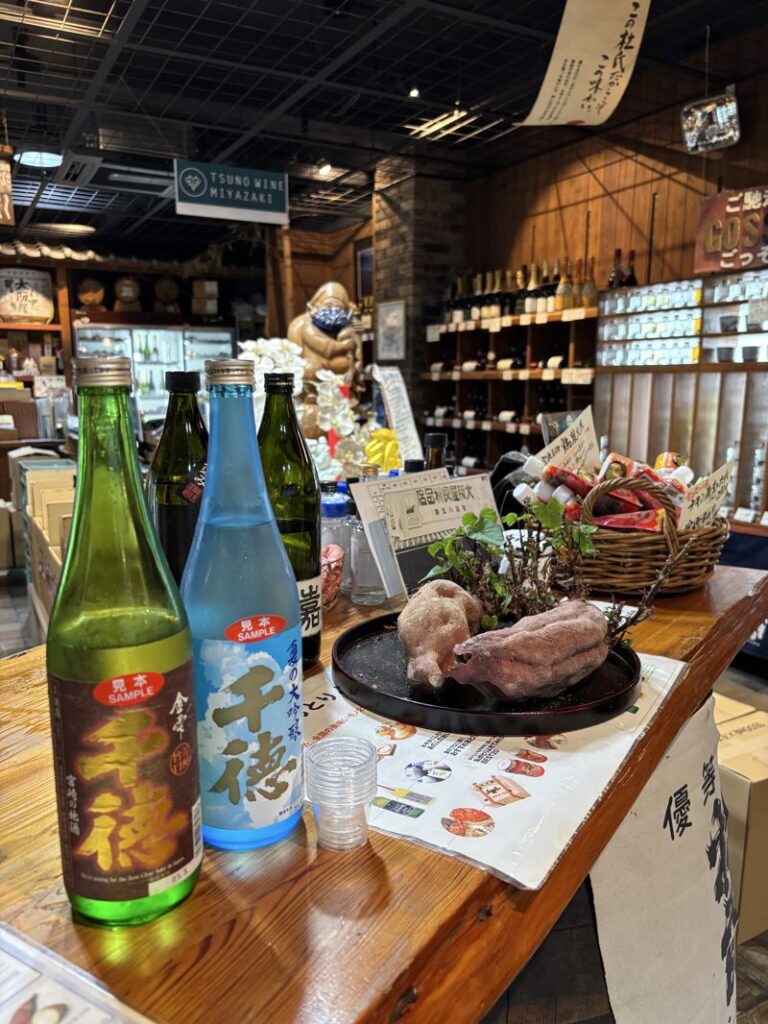 Tasting corner inside Osakaya, featuring sake from Sentoku Brewery