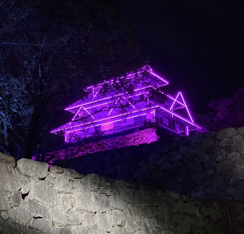 "Phantom Keep" recreated at the ruins of Fukuoka Castle. The LED-outlined castle keep glows purple against the stone walls and night sky, creating a mystical atmosphere.