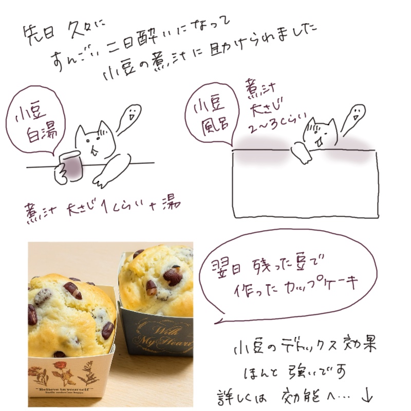 An illustration showing how azuki bean broth was used as a drink and bath remedy for a hangover, with a photo of cupcakes made from the leftover beans.