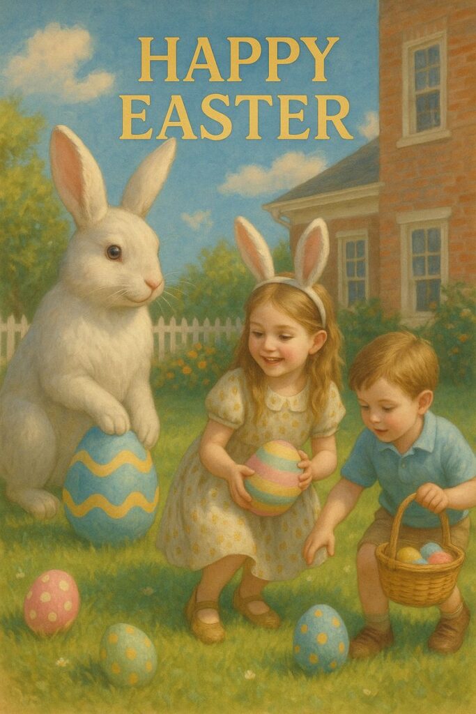 An illustration of children enjoying an egg hunt with the Easter Bunny