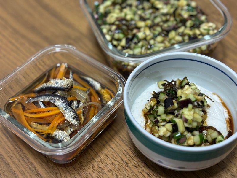Namban-style marinated dried sardines and Yamagata-style chilled grated yam with vegetable relish