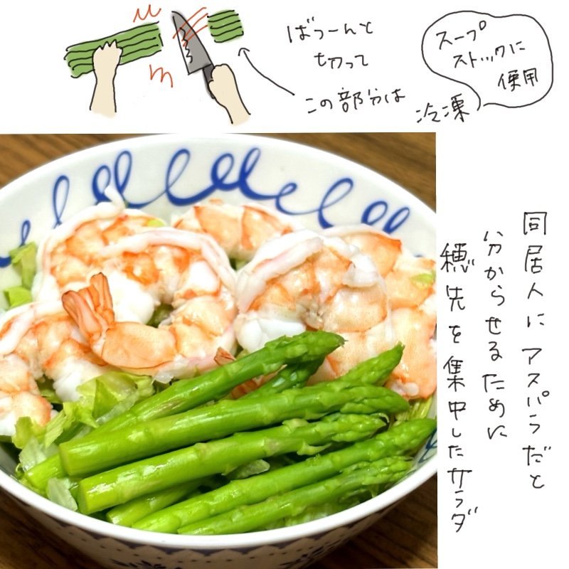 Asparagus and shrimp salad with prep illustration above