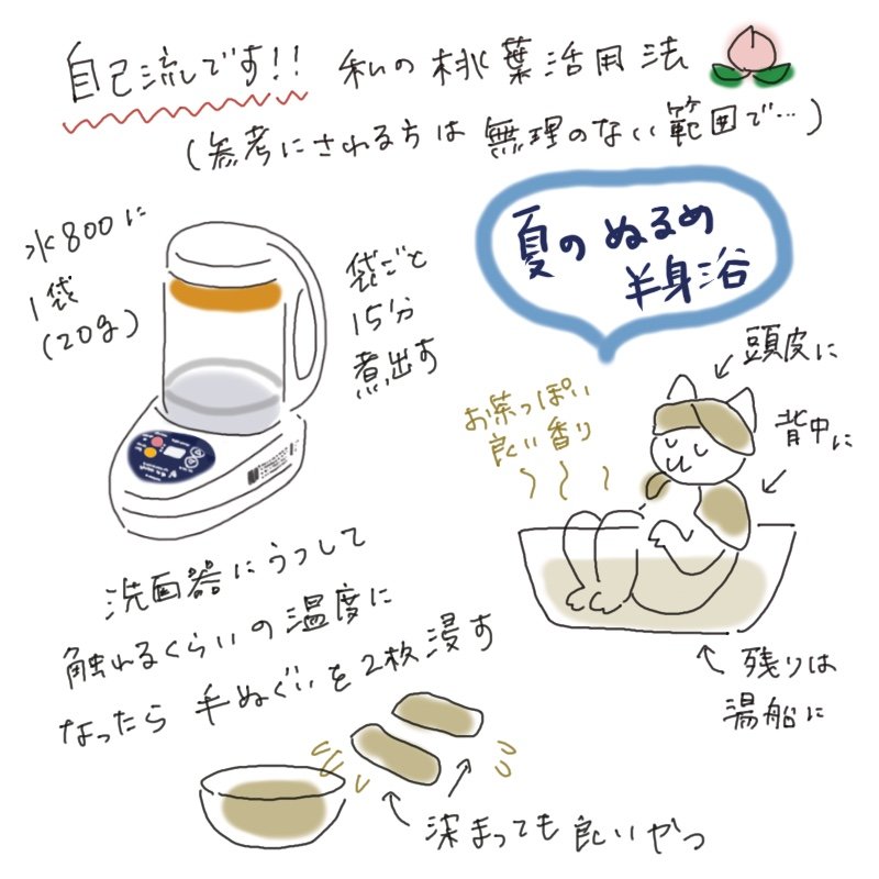 Hand-drawn illustration showing a medicinal bath using peach leaves, including how to brew, soak towels, and enjoy a lukewarm half-body bath