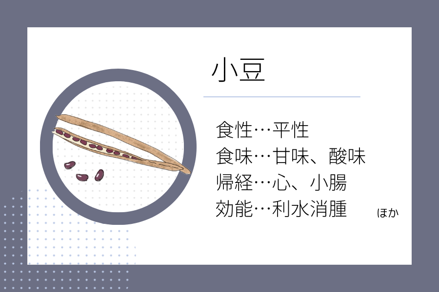 An illustration summarizing the medicinal properties of “Rainy Season Dietary Therapy: Azuki Bean” showing a azuki bean image along with its nature, flavor, meridian tropism, and functions.
