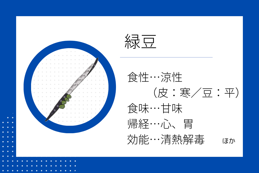An illustration summarizing the medicinal properties of “Late Summer Dietary Therapy: Mung Bean” showing a mung bean image along with its nature, flavor, meridian tropism, and functions.