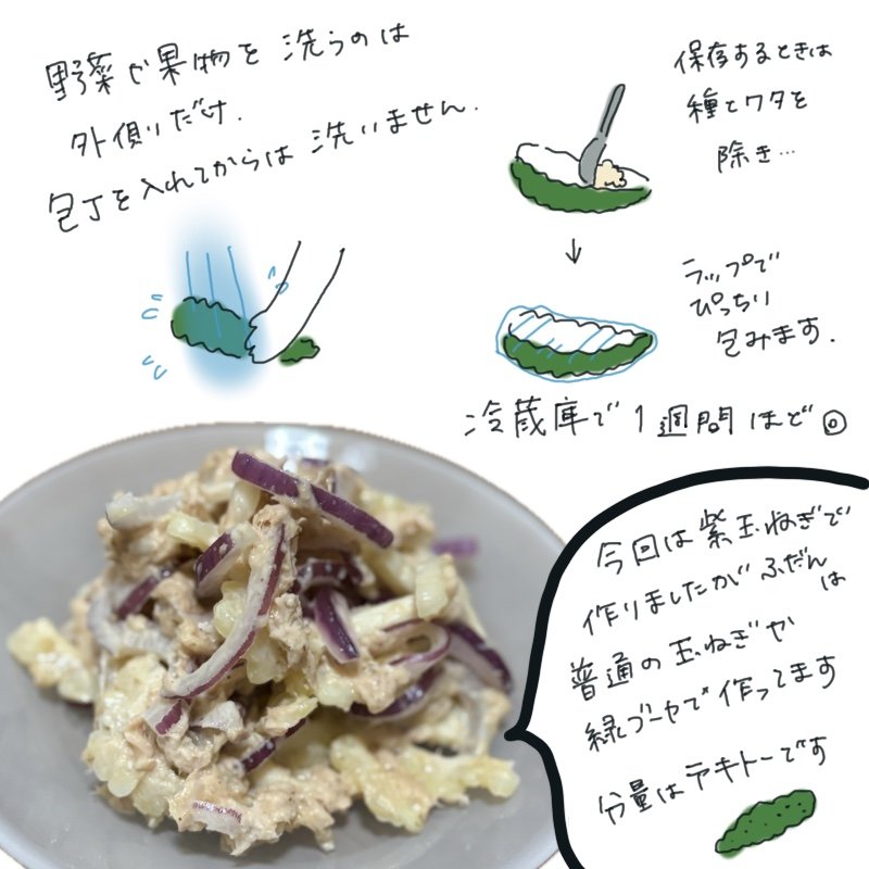 Recipe illustration showing bitter melon salad with red onion, alongside illustrated storage instructions for bitter melon