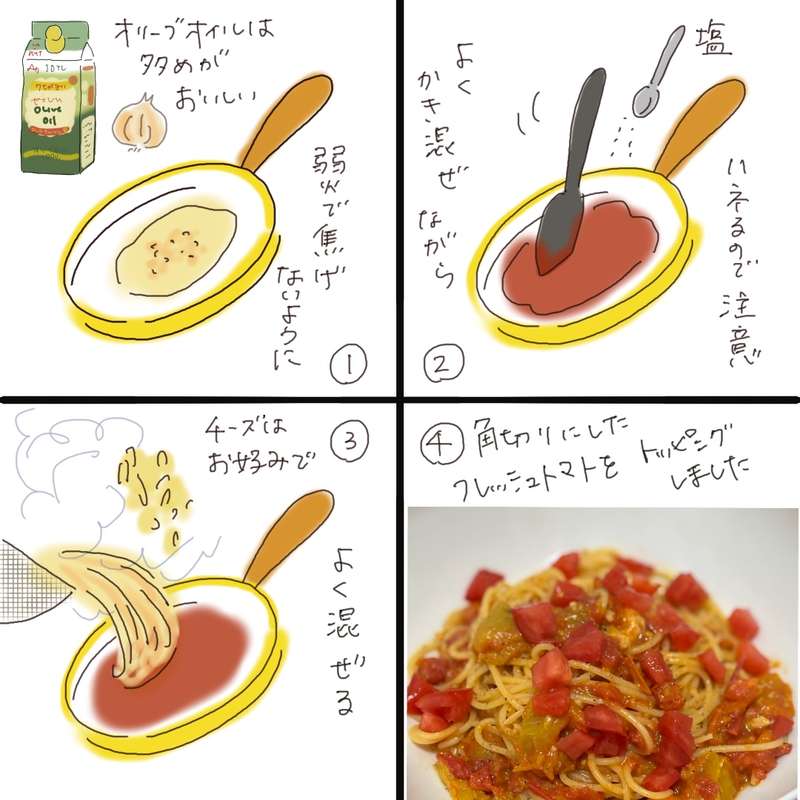 A four-step illustrated recipe showing how to make spaghetti with freshly made tomato sauce, starting with garlic sautéed in olive oil, adding tomato sauce and seasoning, then mixing with pasta and topping with fresh tomato.