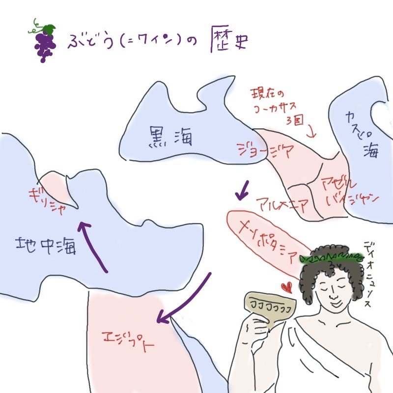 Illustration of the history of grapes (wine), showing their spread from the Caucasus to Mesopotamia, Egypt, and Greece, along with Dionysus.