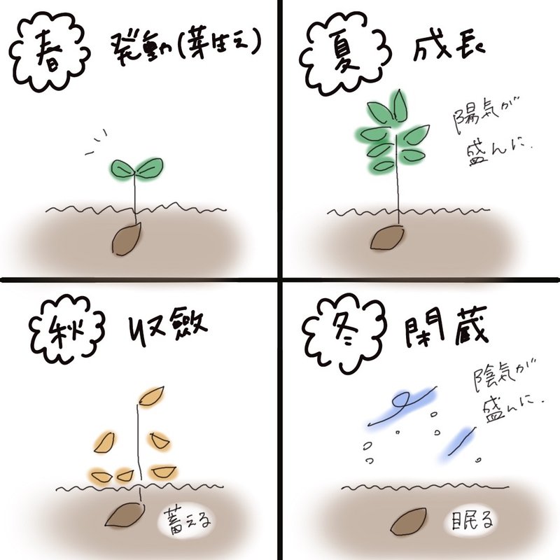 An illustration showing the annual cycle of a plant: sprouting in spring, growing in summer, converging in autumn, and resting in winter.