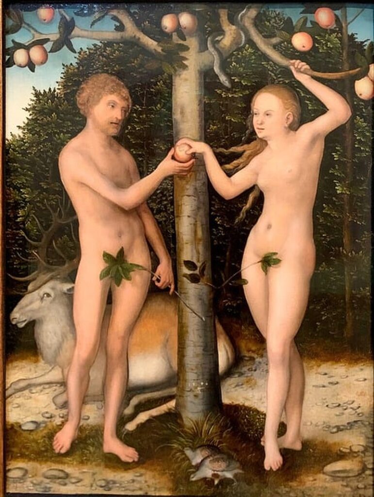 A classical painting depicting Adam and Eve holding the forbidden fruit, symbolizing the apple as the fruit of temptation.