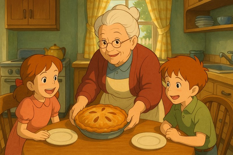 Illustration of a grandmother serving a freshly baked apple pie to two children in a cozy kitchen, capturing a warm and happy atmosphere.