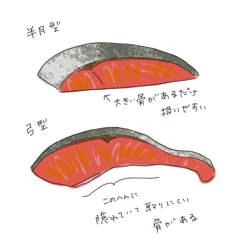 Illustration showing the differences between salmon cut shapes: half-moon and bow-shaped cuts