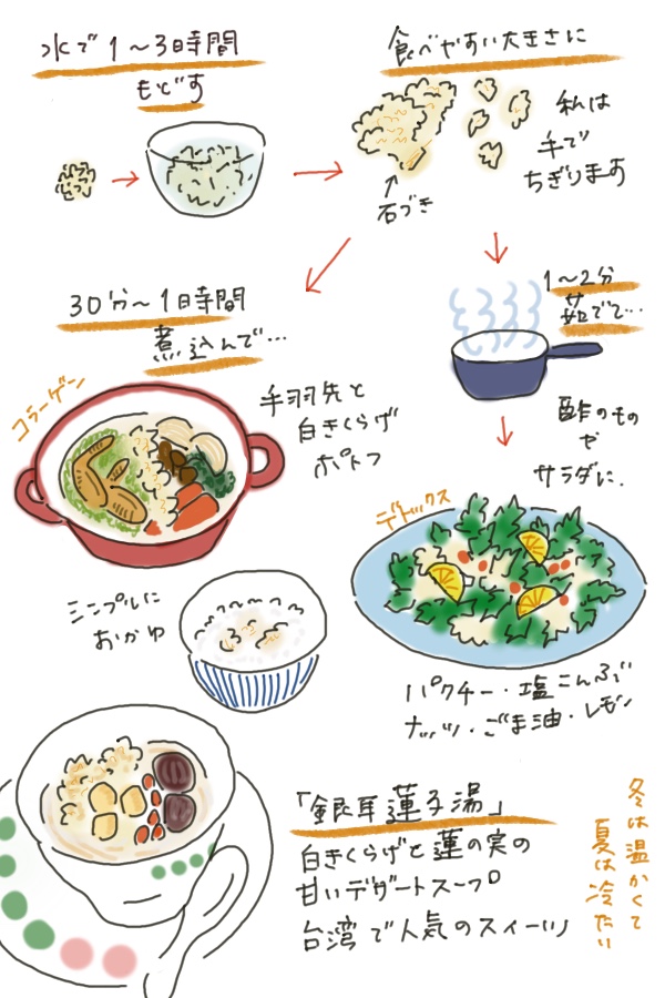 A hand-drawn illustrated recipe showing how to rehydrate, prepare, and cook white wood ear