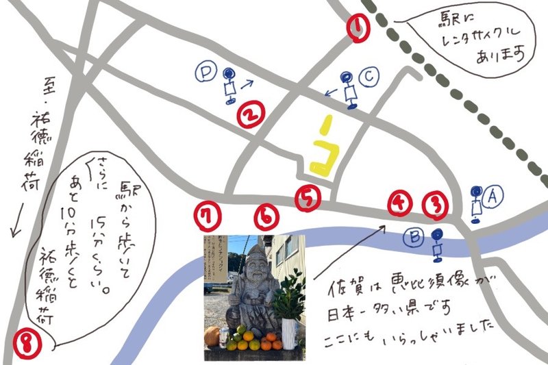 Hand-drawn style map of Hizen Hamashuku showing the walking route from the station to Sake Brewery Street (spots 1–8 and A–C), rental bicycles, and a small photo of an Ebisu statue.