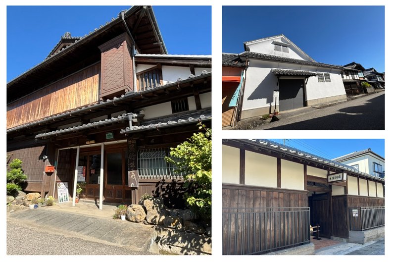 Buildings of Kuretake Sake Brewery, including the wooden main house and white-walled storehouses designated as registered cultural properties.
