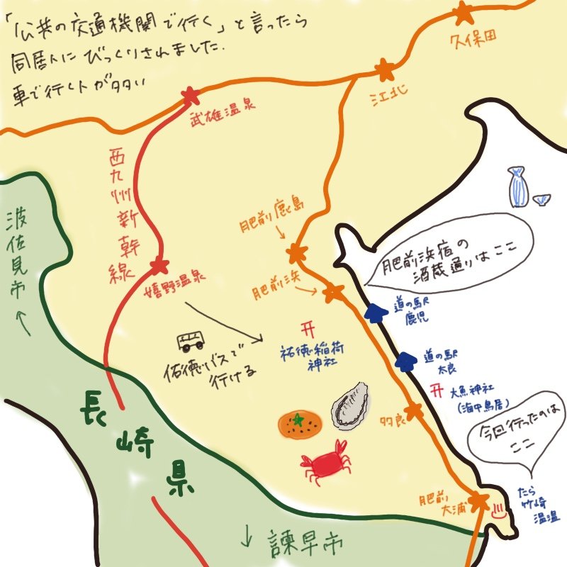 A hand-drawn illustrated map showing the travel route from Hizen-Hama-shuku to Tara Takezaki Onsen, highlighting sightseeing spots, roadside stations, shrines, and local specialties like crab, mandarin oranges, and oysters along the Ariake Sea.