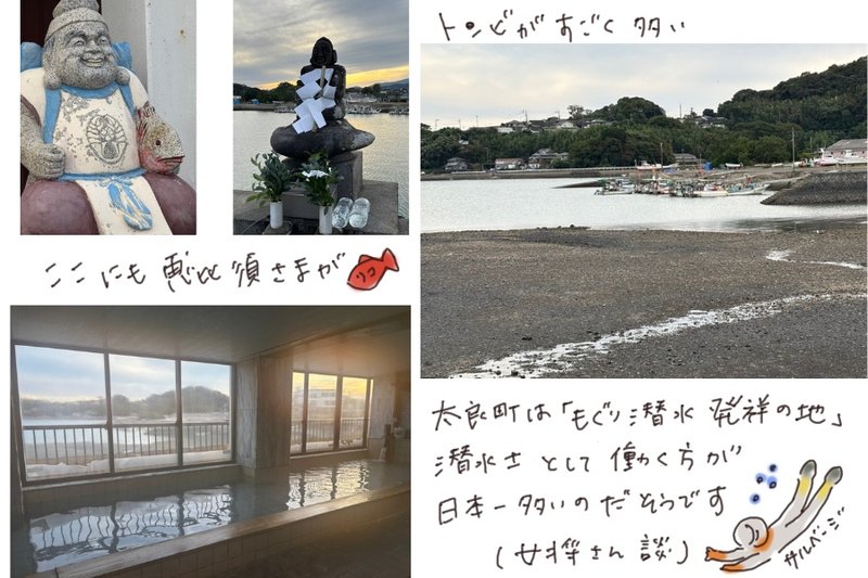A collage showing Taira Town’s harbor, tidal flats, seaside hot spring, and Ebisu statue, with handwritten notes explaining that the town is the birthplace of Japan’s diving fishermen.