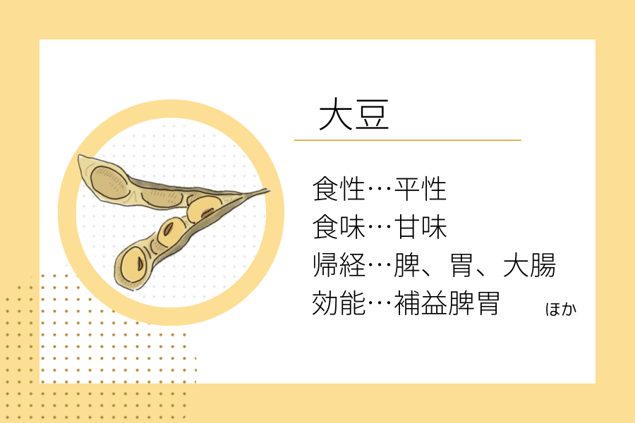 An illustration summarizing the medicinal properties of “Early Winter Dietary Therapy: Soybeans” showing a soybeans image along with its nature, flavor, meridian tropism, and functions.