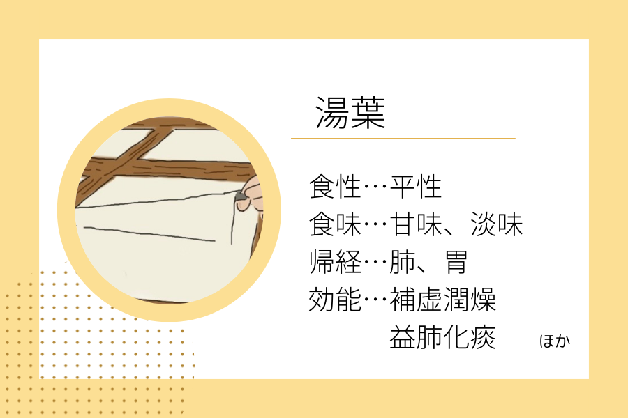 An illustration summarizing the medicinal properties of “Early Winter Dietary Therapy: Yuba” showing a yuba image along with its nature, flavor, meridian tropism, and functions.