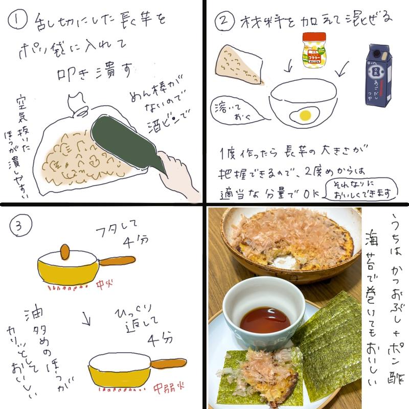 Illustrated recipe showing how to make yamaimo teppan, including preparation, mixing, cooking steps, and the finished dish.