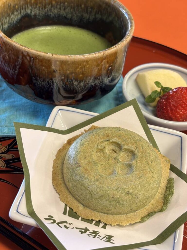 A set of yomogi umegaemochi and matcha tea on a tray.