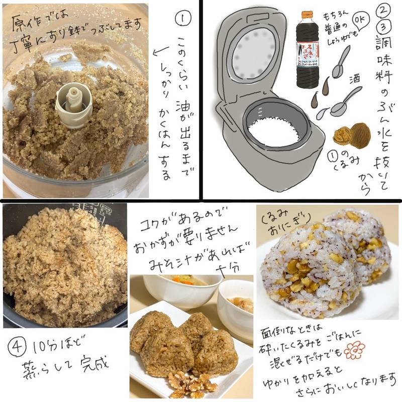 An illustrated recipe image showing the steps of chopping walnuts, cooking them with rice, and the finished walnut rice