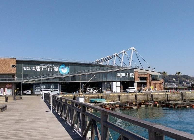 Exterior view of Karato Market along the Kanmon Straits, with a seaside promenade in Shimonoseki