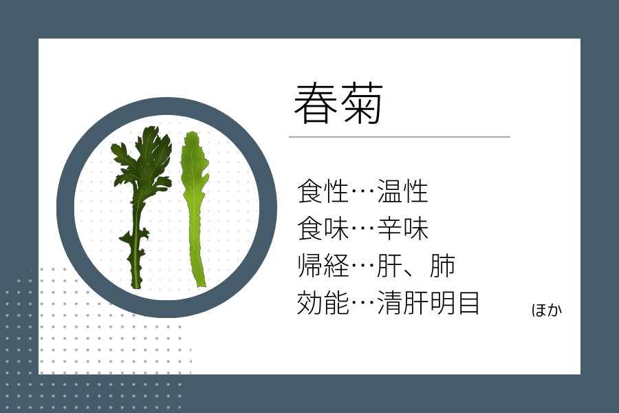 An illustration summarizing the medicinal properties of “Early Spring Dietary Therapy: Shungiku,” showing a shungiku image along with its nature, flavor, meridian tropism, and functions.