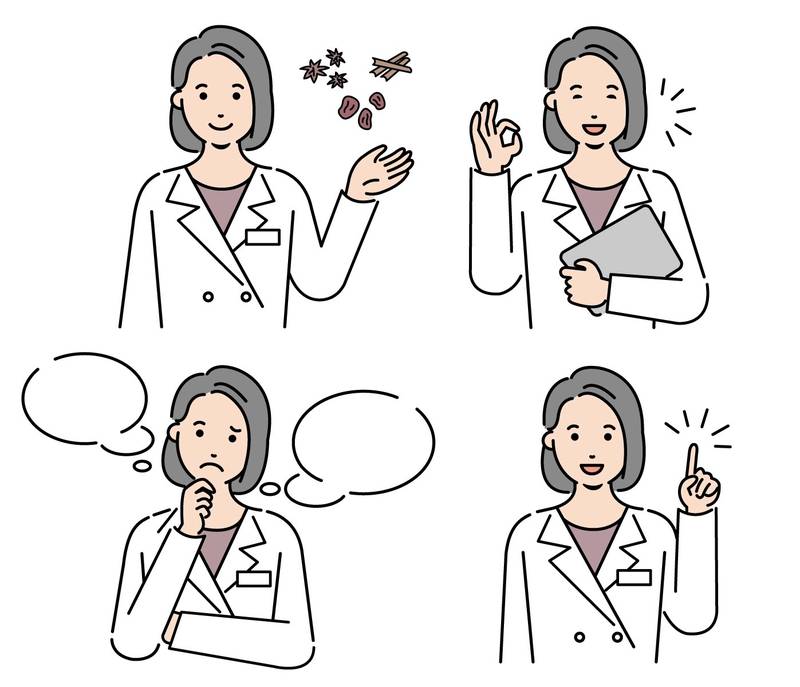 Illustration of a female doctor diagnosing a patient’s condition, showing thinking, explaining, and understanding expressions.