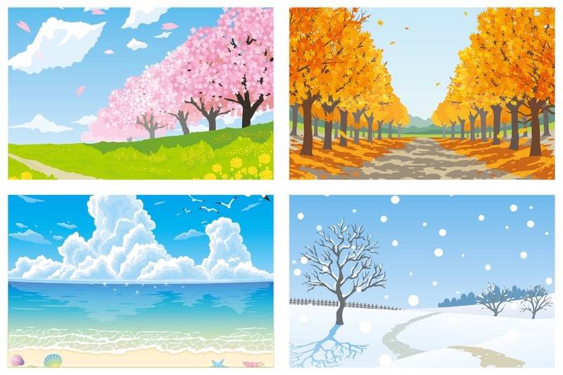Illustration representing the four seasons—spring, summer, autumn, and winter—through different landscapes