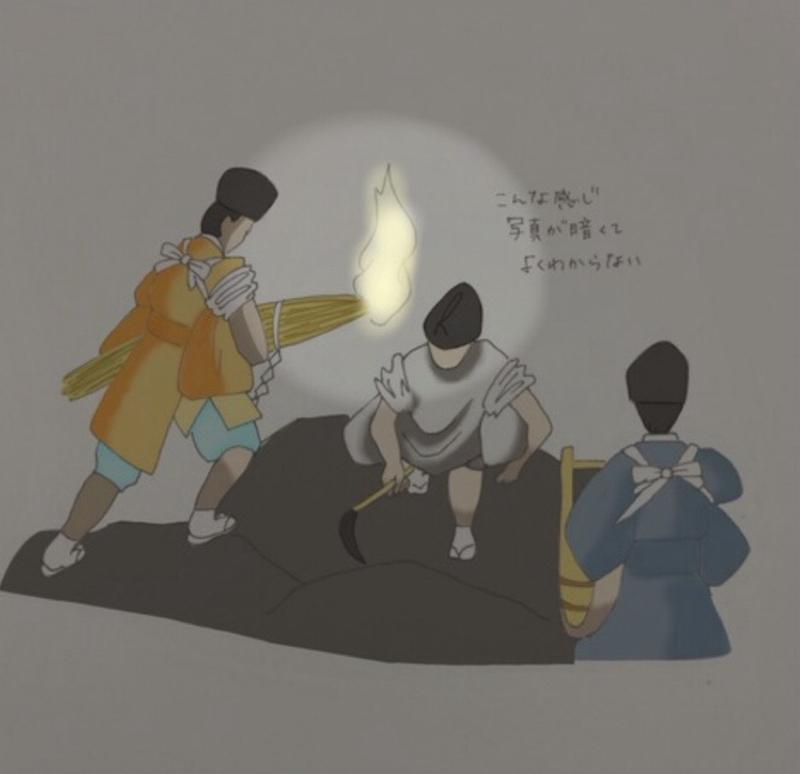 Illustration depicting priests harvesting wakame seaweed by torchlight during the Mekari Shrine ritual