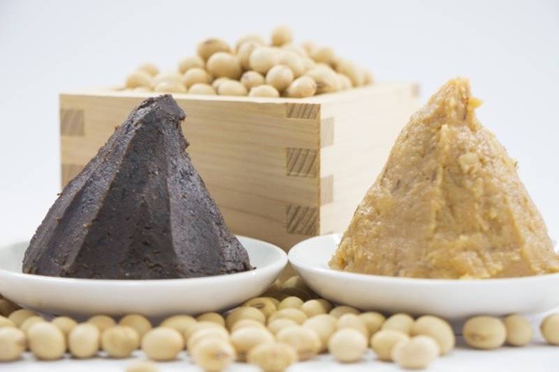 Two types of miso made from soybeans, shown with dried soybeans in the background