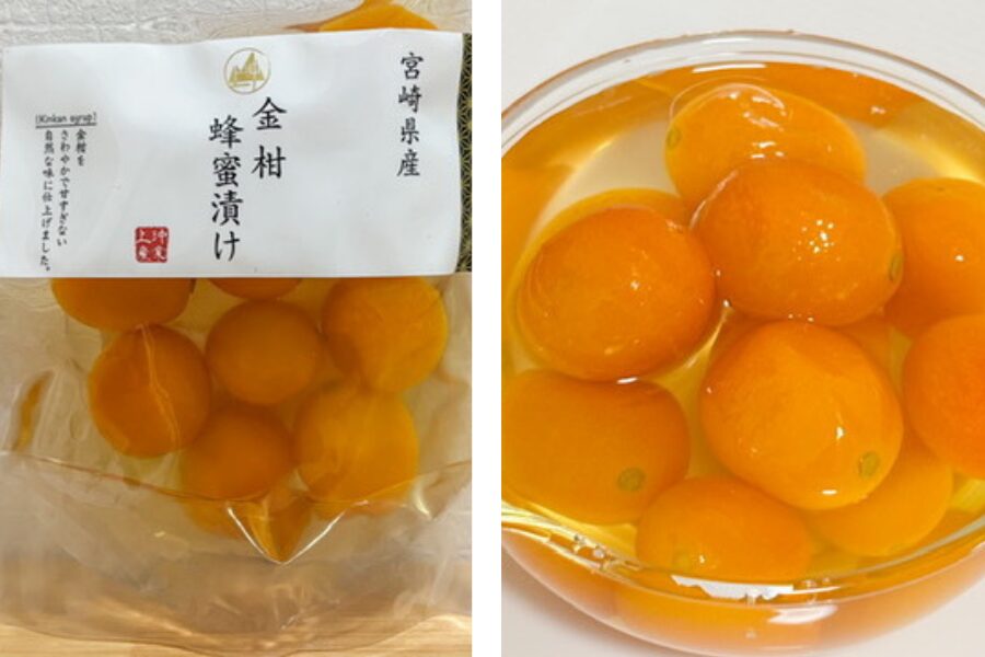 A package of kumquat honey preserves by Ueoki Sangyo and a bowl of kumquats soaked in syrup, showing glossy fruits immersed in clear honey syrup.