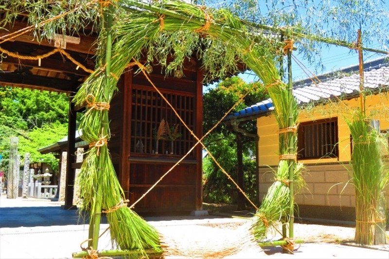 Large chinowa (ring of sacred grass) set up at a Shinto shrine for the Nagoshi no Harae summer purification ritual