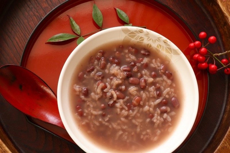 A bowl of azuki-gayu (rice porridge with red beans) traditionally eaten on Koshogatsu