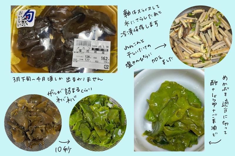 Illustrated guide showing preparation and cooking steps for mekabu seaweed