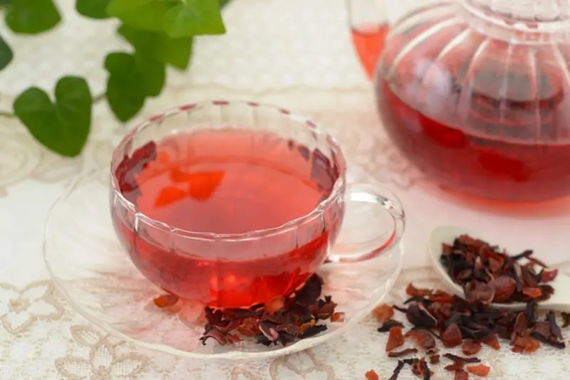 Red herbal tea made with rose hips and hibiscus