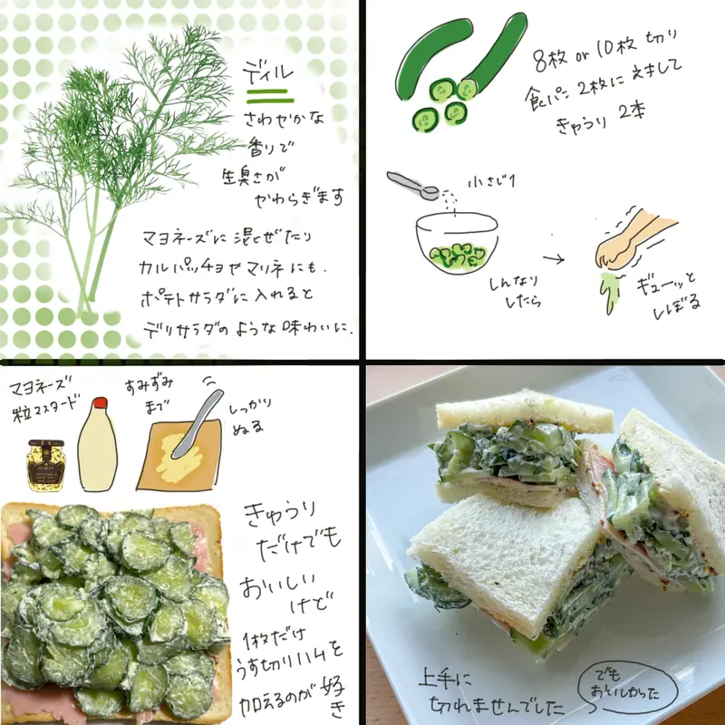Illustrated recipe for cucumber sandwiches with dill and sour cream