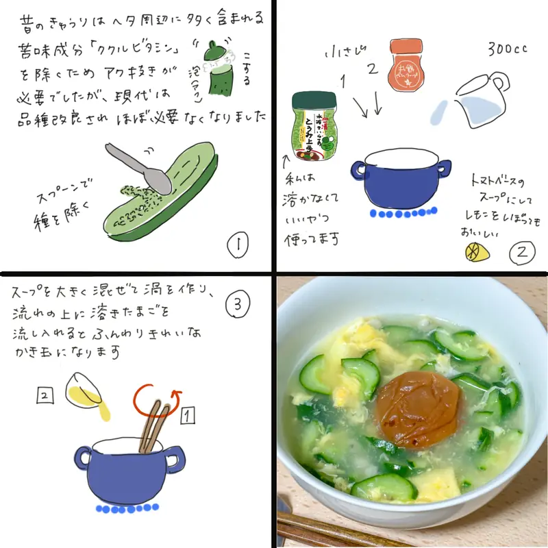 Illustrated recipe for cucumber and egg soup topped with pickled plum