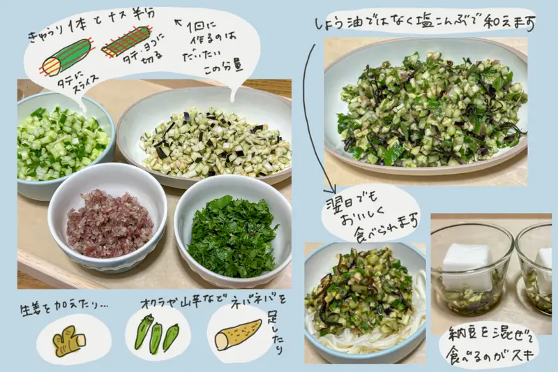 Alt text: Recipe image for Yamagata dashi made with chopped cucumber, eggplant, myoga, and shiso
