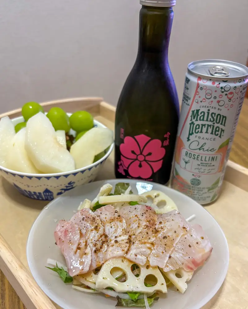 Yatsushika Goshu Ginjo Momo with sea bream carpaccio, pear, and Shine Musat grapes