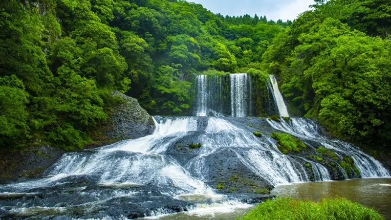 Ryumon Falls flowing through lush green surroundings