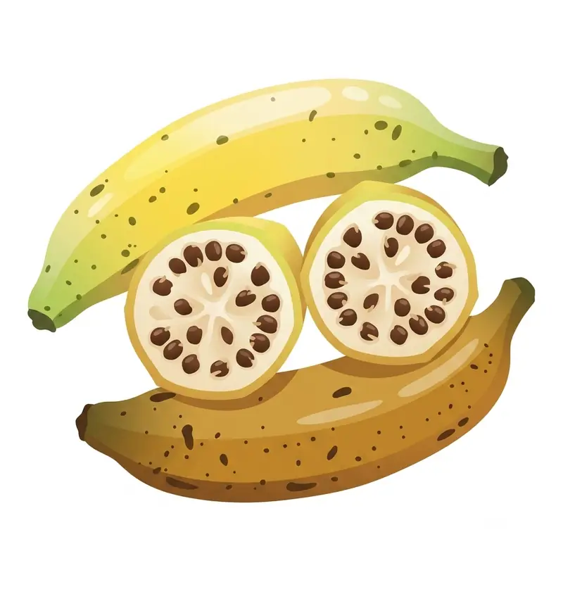 Illustration of a seeded wild banana with many large seeds inside