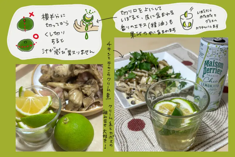 Image showing how to cut kabosu and a dish of chicken and mushrooms served with kabosu